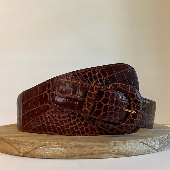 Vintage 90s Brown Genuine Leather Snake Skin Wide Wrap USA Made Size Large - Picture 12 of 12